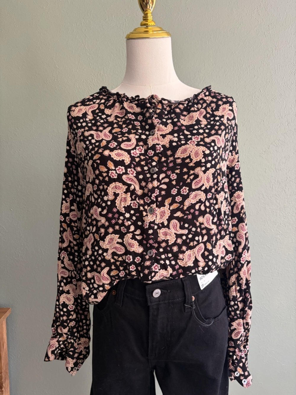 Z Supply Black Blouse with Blush Floral Print and Tie Neck